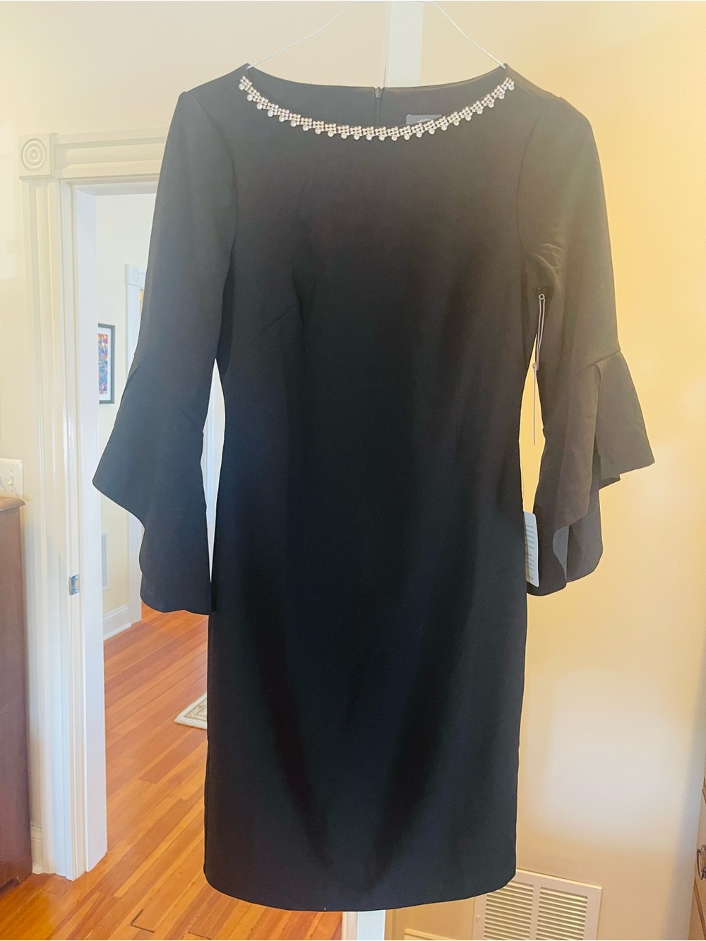 Vince Camuto Black Jewel-Neck Ruffle Sleeve Mini Dress
